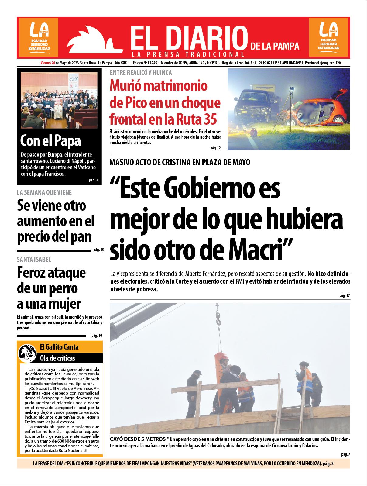 Tapa de El Diario en papel  viernes 26 de mayo de 2023